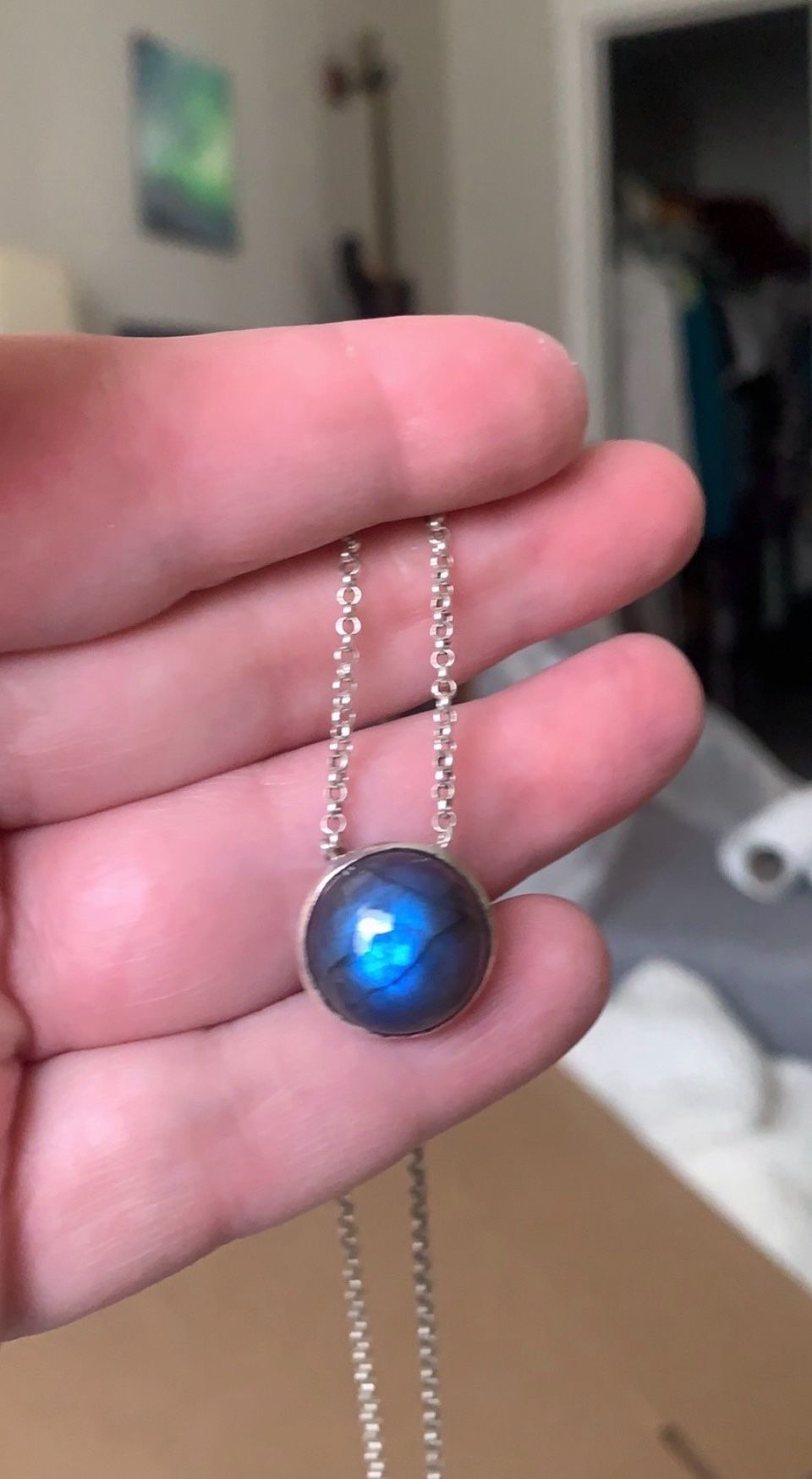 Grade AAA Labradorite Pendant On Sterling Silver Chain.