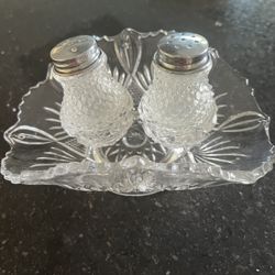 Vintage Crystal  5 pieces set Salt and Pepper Shakers with Tray