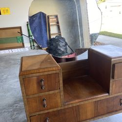 Antique Wood Five Drawer Vanity Dresser