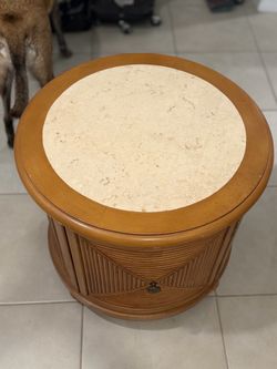 Round Wood Side Table with Stone Top