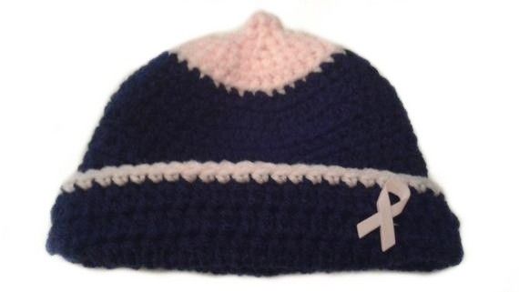 Pink Ribbon Breast Cancer Awareness Crocheted Boob Beanie Nursing Hat/Navy Blue