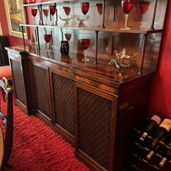 Antique Regency Revival Mahogany Breakfront Sideboard & Hutch | Diamond Grille Cabinet | 78” Wide
