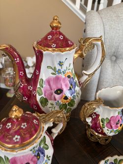 Hand-Painted Porcelain Tea Set with Gold Accents