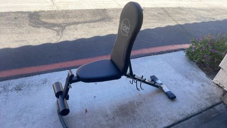 Compact adjustable weight bench, barbells with plates