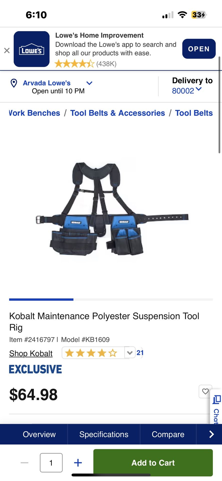 Kobalt Suspension & Tool Belt