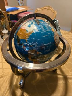 Vintage Gemstone Globe with Turquoise Ocean with multi-colored semi-precious gemstone continents and Compass in bottom of Tripod Stand.
