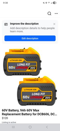 60V Battery, 9Ah 60V Max Replacement Battery for DCB606, DCB609, DCB612, Compatible with Dewalt Flexvolt 20V/60V Power Tools, 2-Pack