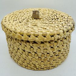 West African Handwoven Straw Wicker Storage Basket with Lid 7” Diameter, 4” Tall