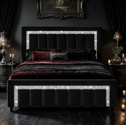 Queen Bed Frame with Headboard, Velvet Queen Size Bed Frame with Diamond Design Headboard and Footboard, Wooden Slats, No Box Spring Needed, Easy Asse
