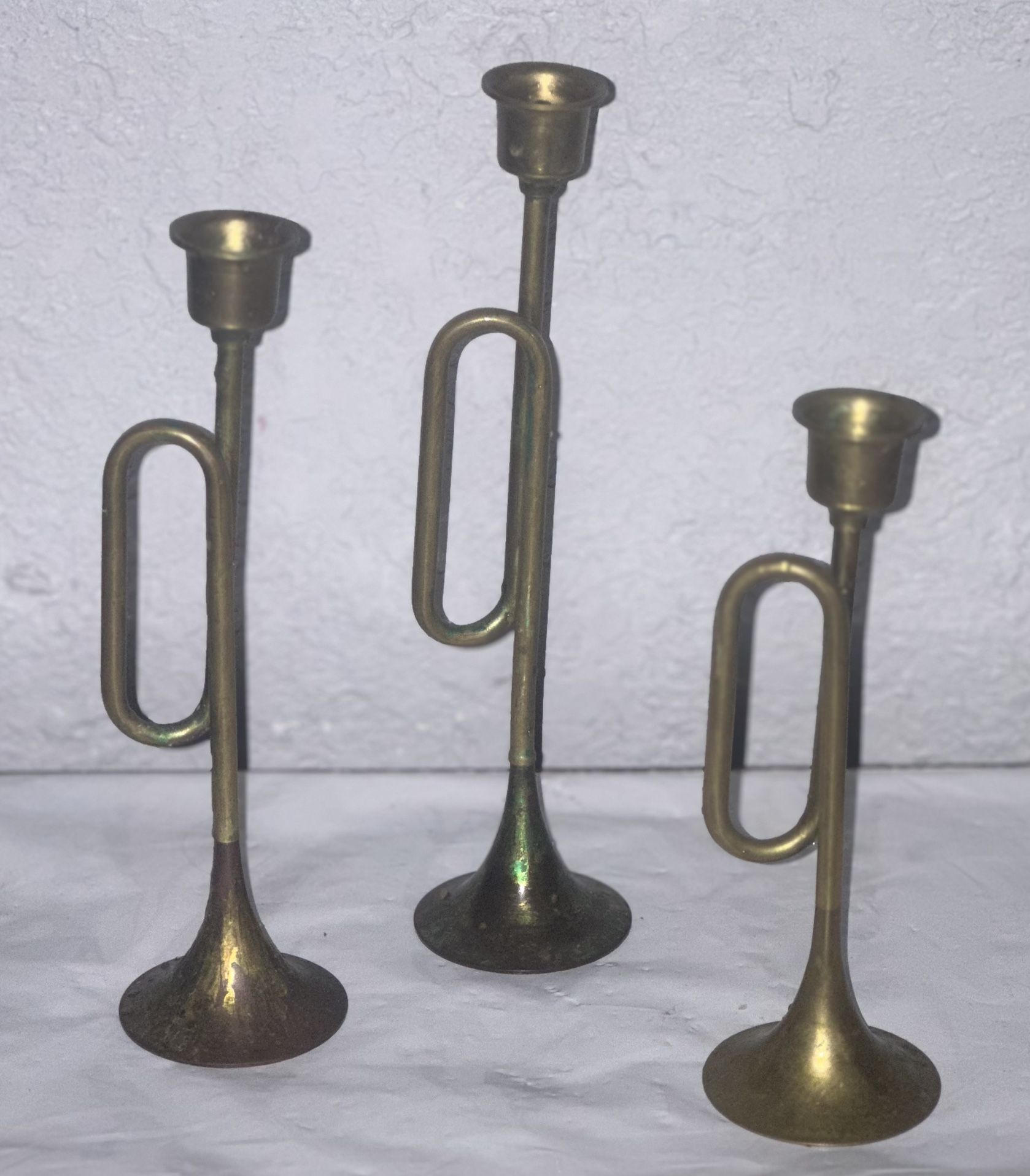 Vtg Lot 3 Brass Horn Candlesticks Candle Holders