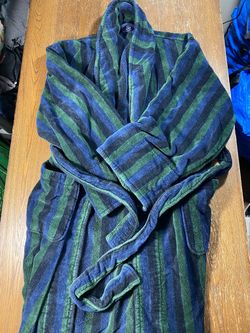 Vtg Club Room Bathrobe Mens One Size Striped Green Blue Terry Velour Cotton Belt