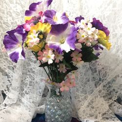 Spring Pansies Silk Arrangement With Vase And Weighted Pebbles