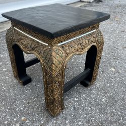 Vintage Solid Wooden Ornately Carved Indian Altar Stand Stool! 12x12x14