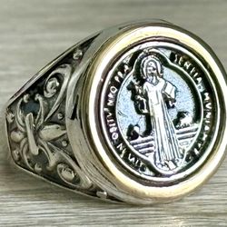 Ring Saint Benedict , silver 925 and 10K Gold Laminated, size 8 to 13 