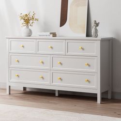 55" White Dresser for Bedroom with 7 Drawers & Modern Gold Handle Large Dressers & Chests of Drawers, TV Stand, Storage Organizer for Living Room, Ent