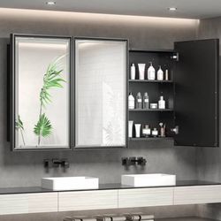 NEW 48”x 30”Medicine Cabinet Mirror Bathroom Vanity Black Metal Framed Recessed