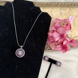 New | Indian Magenta AD Necklace, Earrings Set