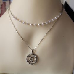 2 Fashion Necklace With Chain Linked Faux Pearls Oval Chain And Rhinestone Charm