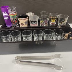 New 21 Pcs Shot Glasses With Wood Case And Stainless Steel Ice Tongs