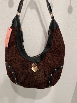 Juicy Couture Brown Leopard Shoulder Bag Black Trim Gold Charm Zip Pockets