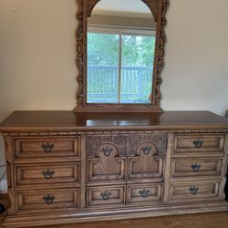 Solid Oak Large Dresser With Mirror