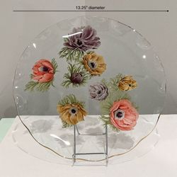 1960’s Pilkington-Chance Michael Harris’ Anemone Glass Platter w/ Ruffled Edge & Painted Flowers