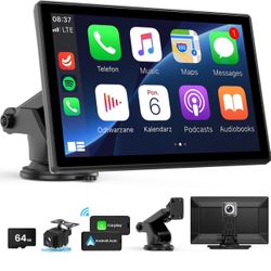 Wireless Carplay Screen for Car - 9'' Portable Car Stereo with 4K Dash Cam, 1080P Backup Camera, Car Satellite Radio with Apple Carplay & Android Auto