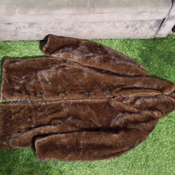 Brown Faux Fur Coat Jacket 100% Polyester Button Front Vintage Style