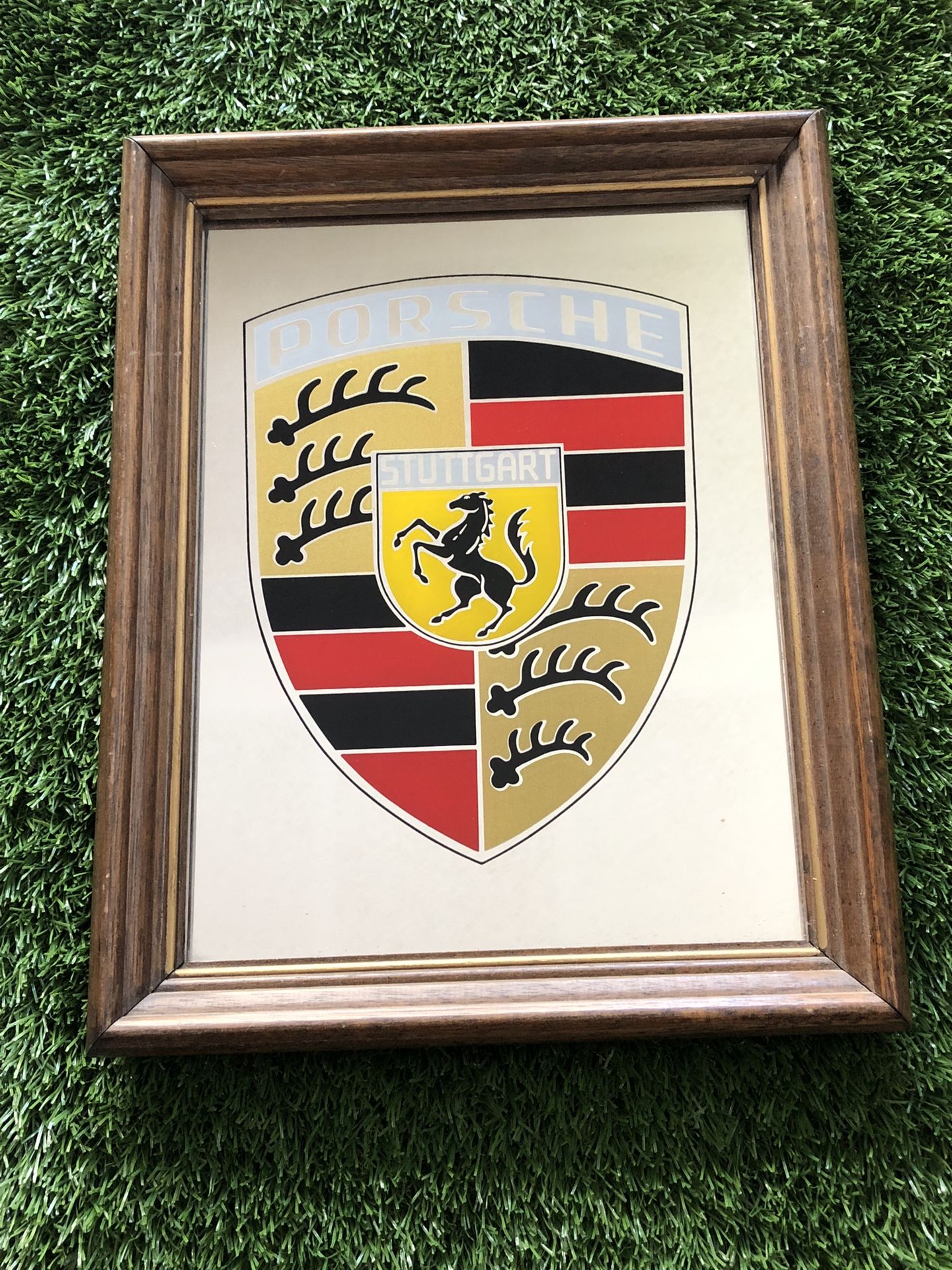 Vintage PORSCHE STUTTGART LOGO WALL MIRROR w/ Wood Frame