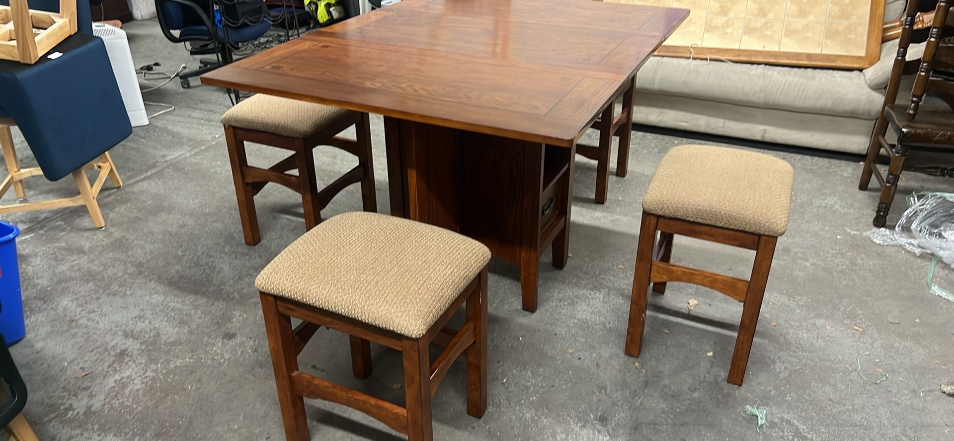 55”x42”x36”h Solid Wood, Good Condition, Folding High Table With Four Stools