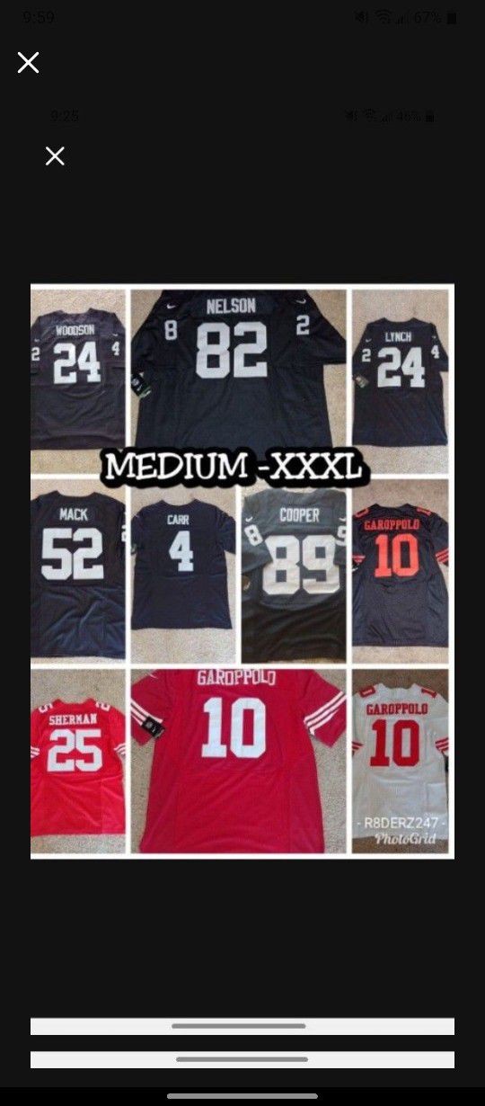 OAKLAND RAIDERS AND 49ERS JERSEYS