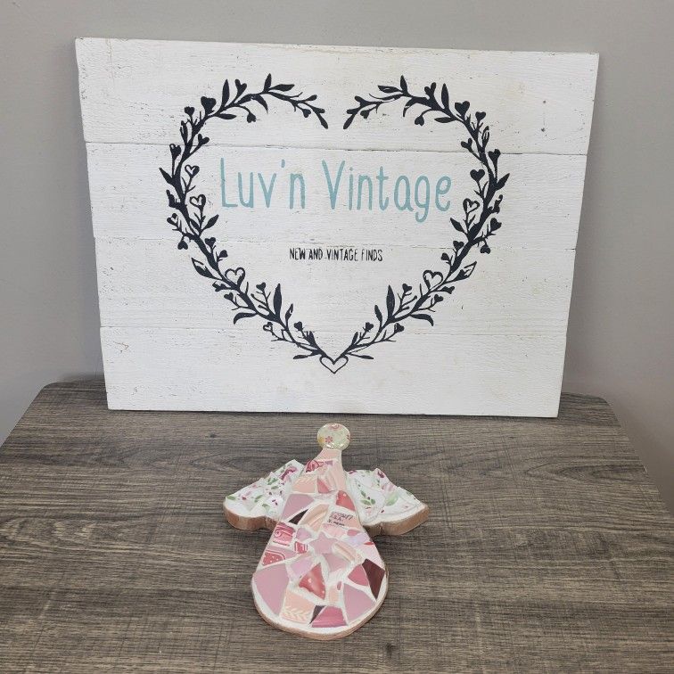 Mosaic Angel Wall Decor Pink Floral Plate Shards Art Handmade Ornament