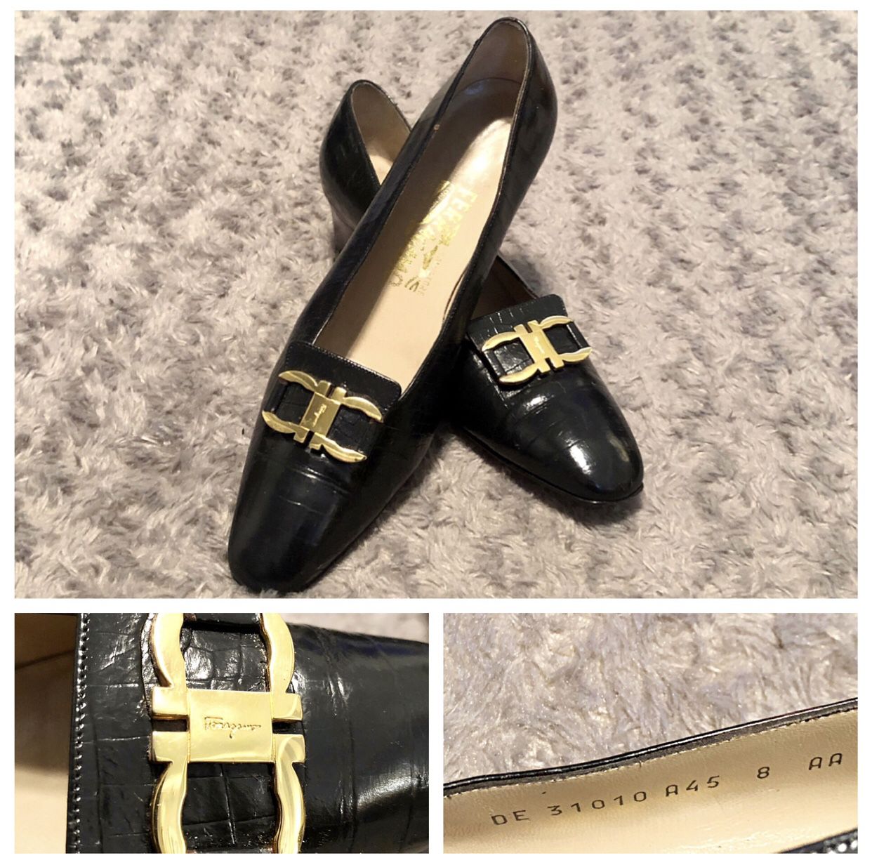 Salvatore Ferragamo heels paid $695 Size 8 Black Crocodile, Heel height approx. 2", Black croc embossed, Gold hardware, No box or dust bag. Very good