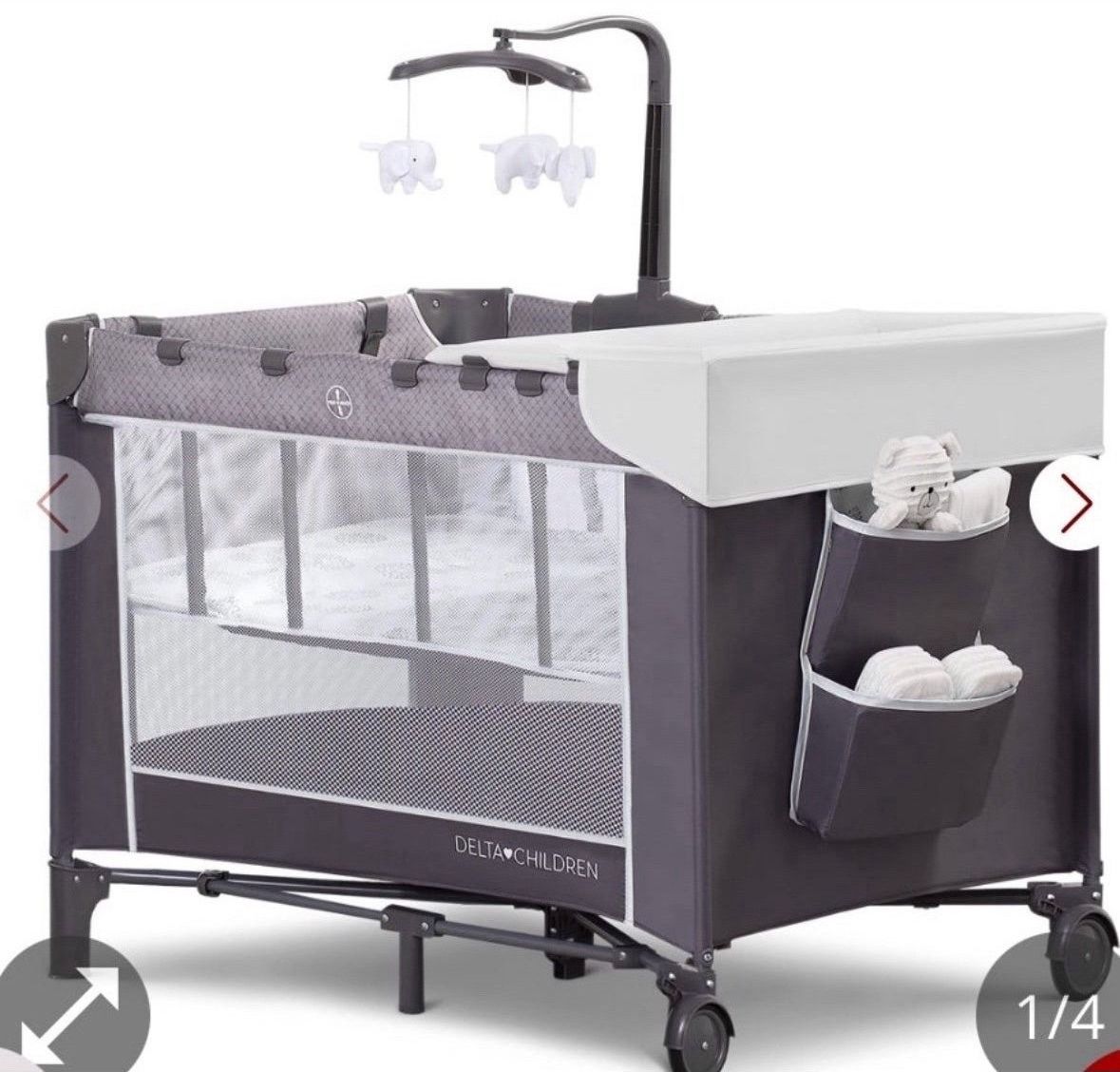 Delta Children LX Deluxe Portable Baby Play Yard With Removable Bassinet And Changing Table, Eclipsen  Open box item box is damaged   INVENTORY NUMBER