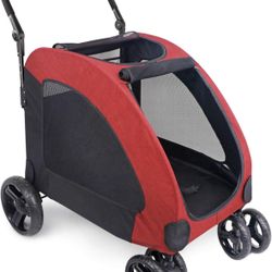 4 Wheels Dog Stroller for Large Pet Jogger Stroller for 2 Dogs, Storage Space Pet Can Easily Walk in/Out Travel up to 110 lbs (Red)
