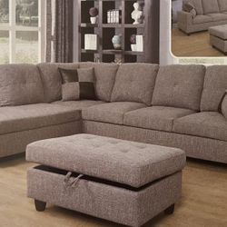 Grey Linen Sectional Couch And Ottoman
