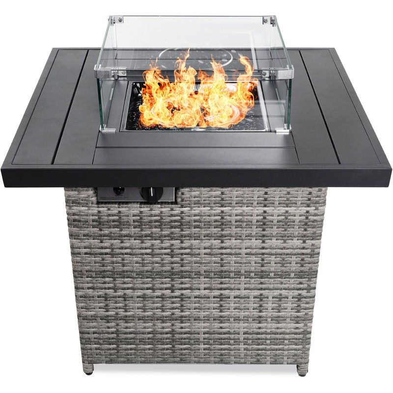 32in Fire Pit Table 50,000 BTU Wicker Propane w/ Wind Guard, Cover Brand New 