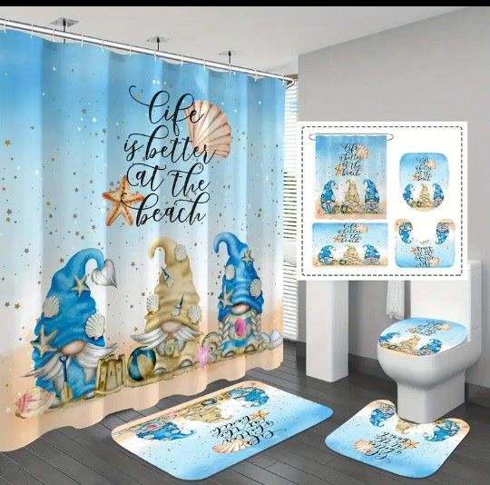4-pcs. Gnomes "Life Is Better At The Beach" Shower Curtain Set