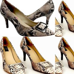 Jones New York Signature Diana heels in a snake-embossed pattern, silver buckle