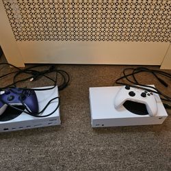 Two Xbox Series S Consoles, Controllers, Cables