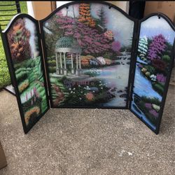 Brand new Thomas Kinkade reverse-painted fireplace screen with light bar