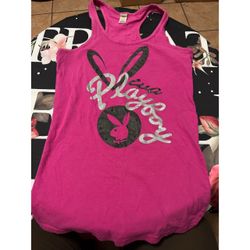 Y2K Pink Playboy tank top with silver Playboy bunny logo and text Size- medium