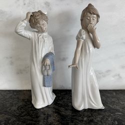 Pair vintage NAO by Lladró porcelain figurines — "Boy with Slippers" & "Girl Yawning"