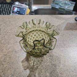 vintage Fenton Hobnail Colonial Green Ruffled Edge Vase or Rose Bowl. 