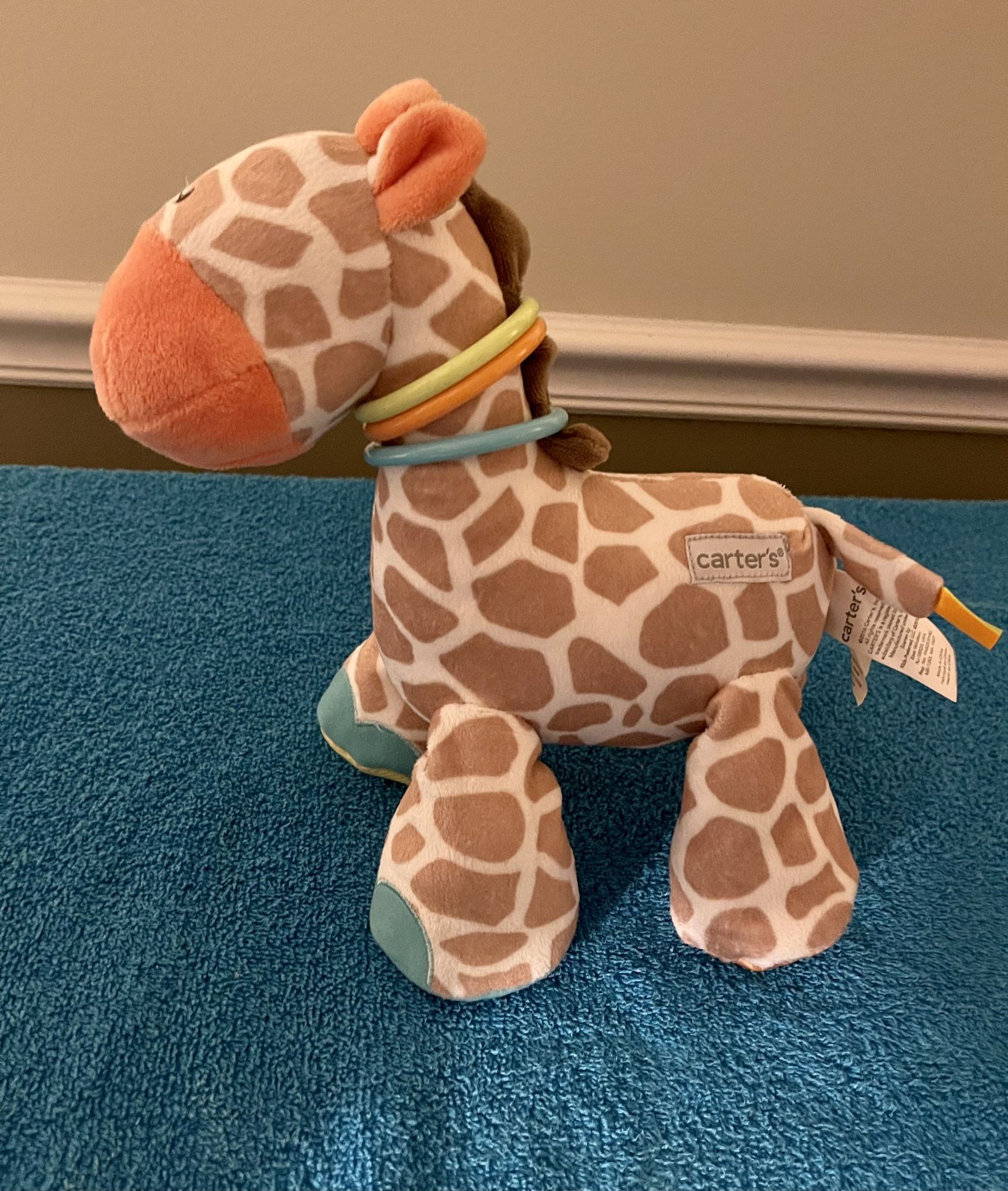 Carters Giraffe Brown White Spotted Plush Rattle Teether Baby Crib Toy Crinkle