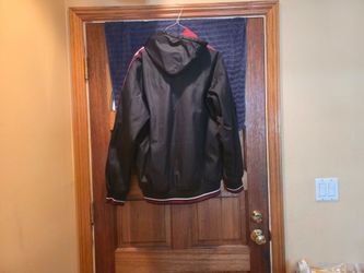 Black Hooded Bomber Jacket with Red Stripe Detail