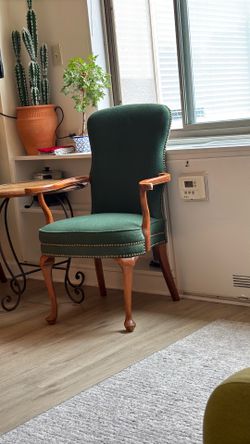 Elegant Vintage Green Accent Chair – Solid Wood with Nailhead Trim – $75