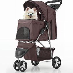 MoNiBloom Foldable Dog Strollers for Small Dogs with Weather Cover, 3 Wheels Pet Strolling Cart for Dogs and Cats with Storage Basket and Cup Holder