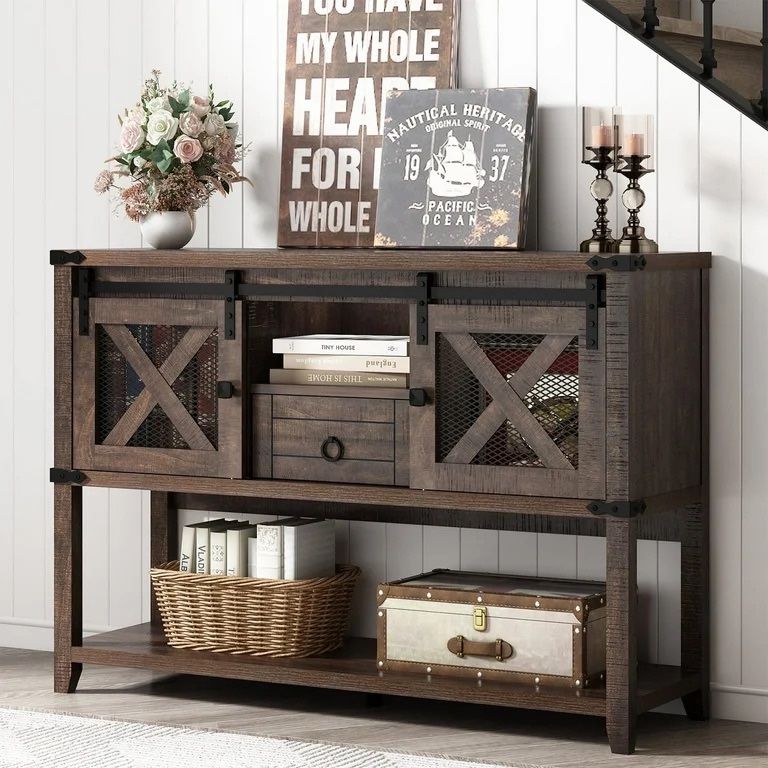 46'' Large Farmhouse Entryway Table w/Sliding Barn Doors, Industrial Rustic Console Table Sofa Side Table with Storage Drawer for Hallway, Living Room