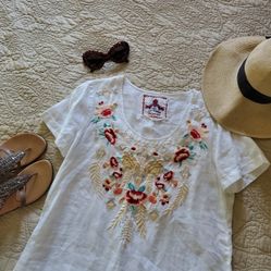Johnny Was JW Los Angeles 100% Linen Embroidered Boho Resort Blouse White
